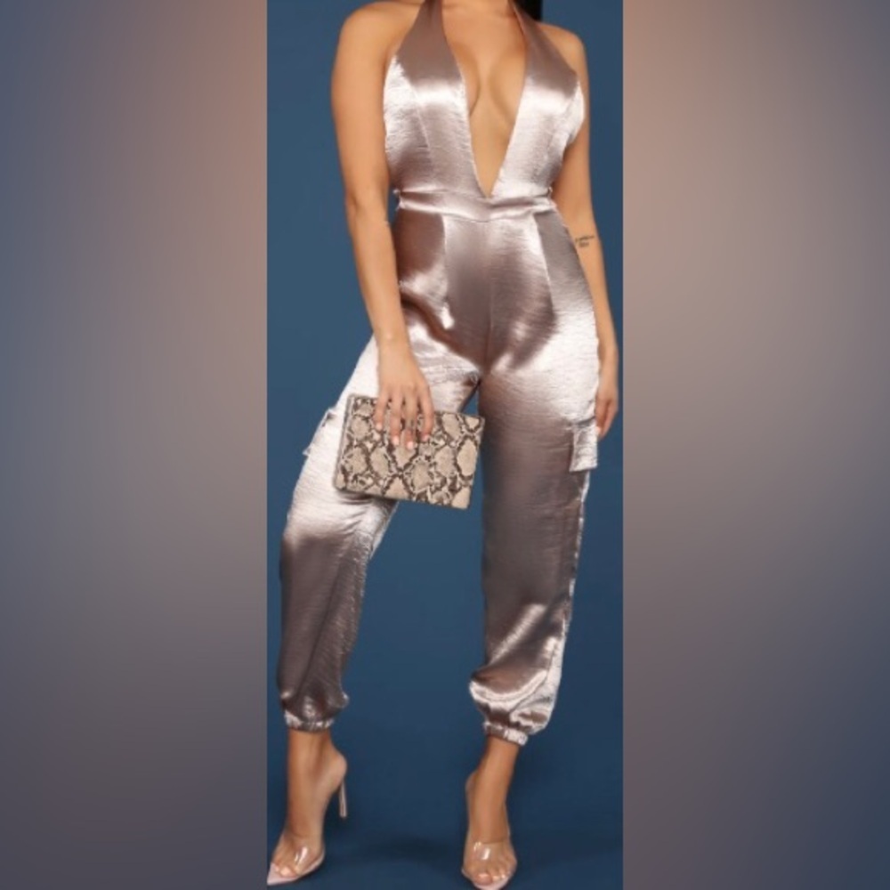 Fashion Nova Metallic Halter Jumpsuit